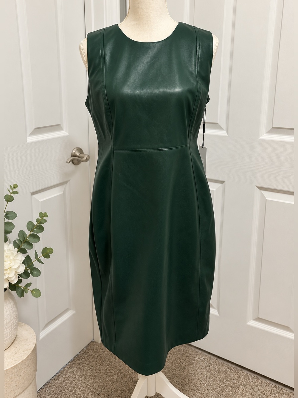 Calvin Klein Green Faux Leather Dress Sleeveless Sheath 12 NWT Dark Academia